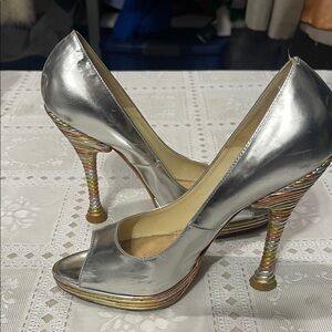 Silver Brian Atwood Platform  Peep-Toe Pumps Multicolor Spiral Heels/Platform 36